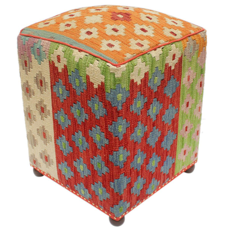 Repose-pieds standard carré de 15 po de largeur Aprea, Bleu / beige / rouge foncé / laine orange