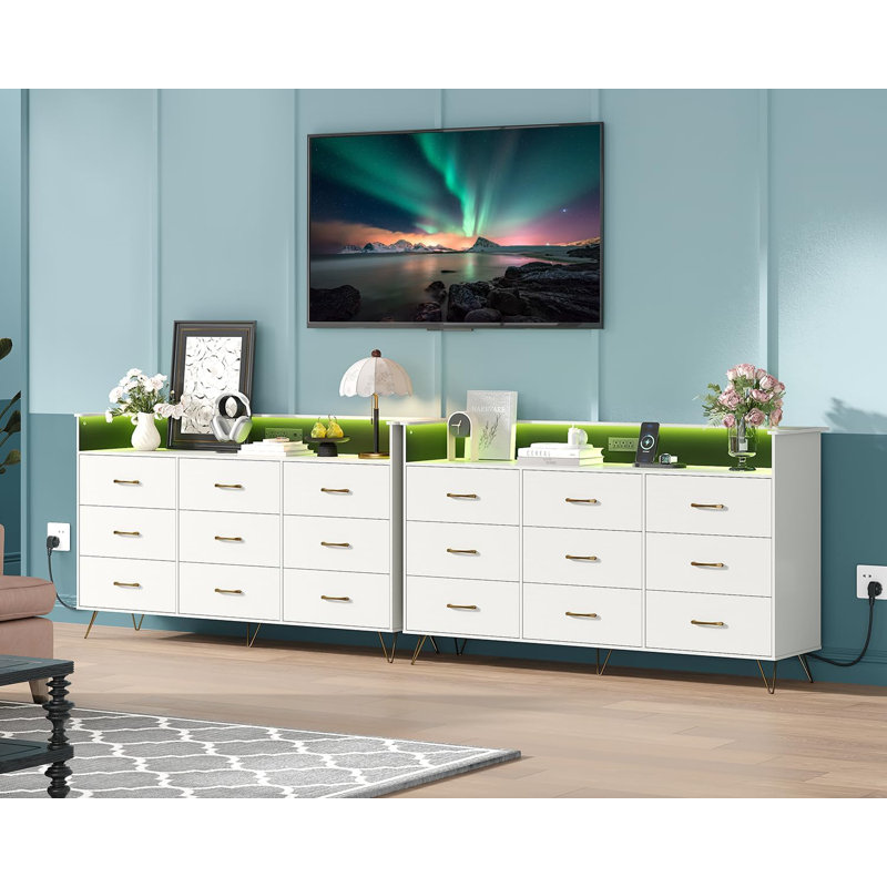 9-Drawer Tall Dresser with RGB Lights & Charging Station, APP Controlled Storage Cabinet 62.8", White
