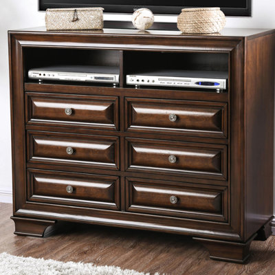 6 Brown Cherry Media Chest With Open Space And Wood Inlay, Insect Deterring Drawer, English Construction, Solid + , 41.3 In Depth, 17.38 Width, 34.64 Height Entertainment Storage Unit Compartment,