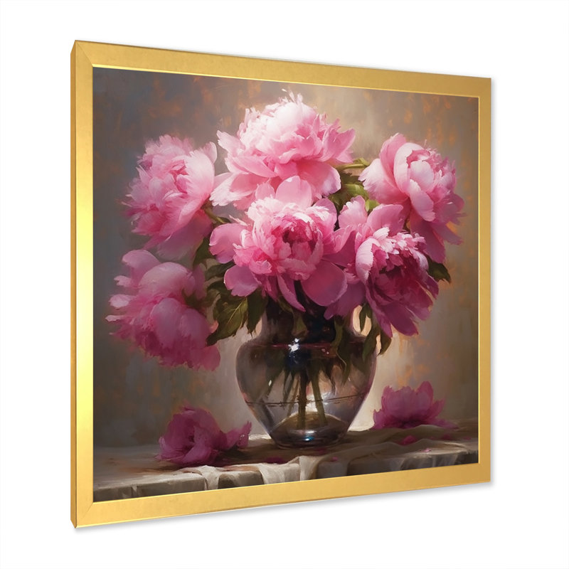 Pivoine rose verte captivante I sur toile, Cadre doré à une seule photo, H 30 po x l 30 po x P 1 po