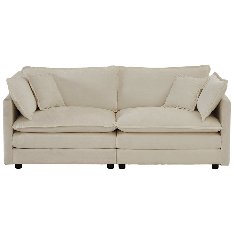 Salon en tissu chenille beige - 2 sièges avec 4 coussins, base en bois massif, revêtement haut, structure de canapé moderne et 2 coussins luxueux