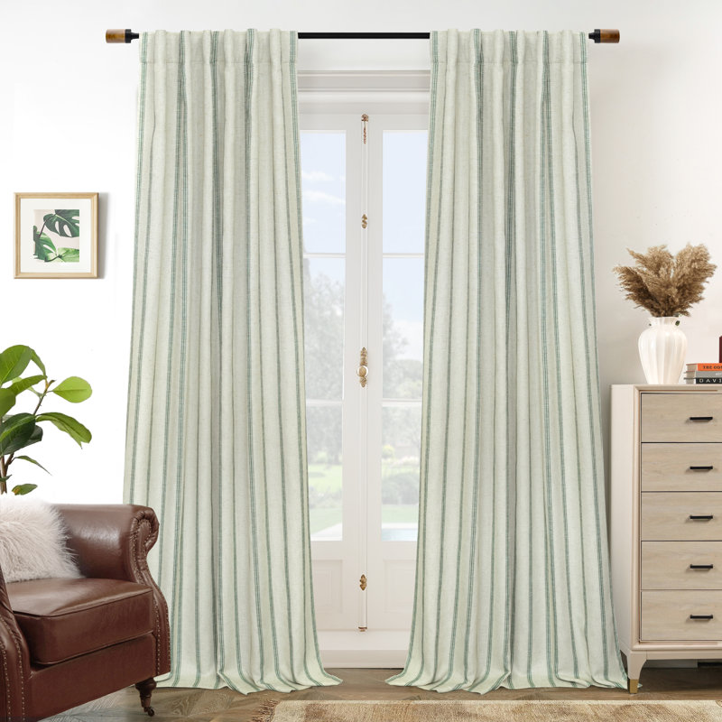 Paire de rideaux occultant, Rayure vert jade / languette en lin clair, L 52 po x L 84 po