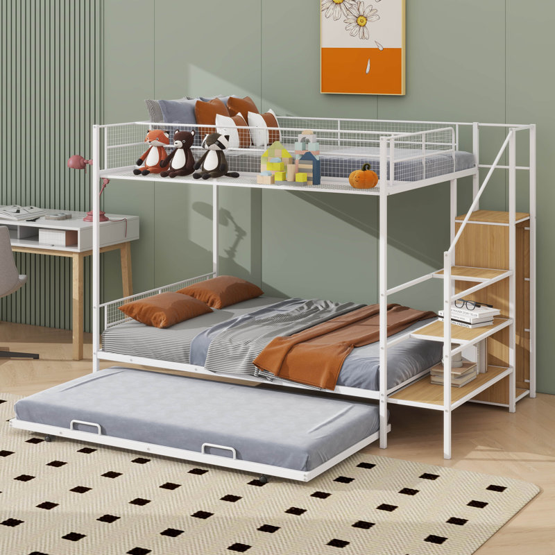 Lit superposé en métal avec lit gigogne, échelle de rangement latérale et garde-robe, Blanc