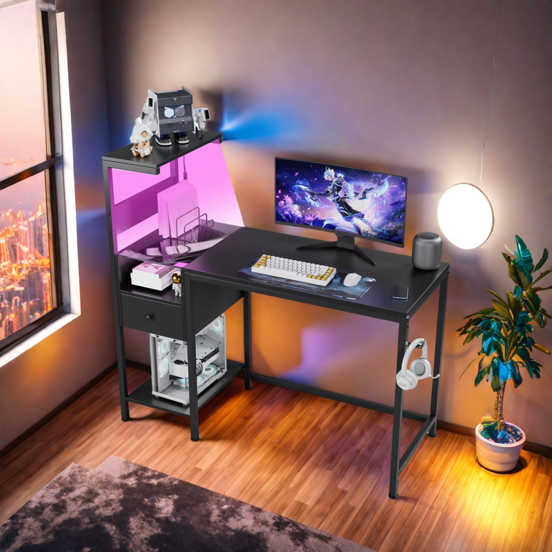Computer Desk With Power Outlet & Storage Shelves, Study Writing Table With USB Ports Charging Station, PC Desk Workstation For Home Office