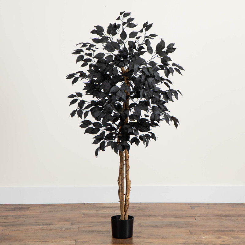 Ficus artificiel noir d'Halloween avec tronc naturel, 48" H x 28" W x 28" D