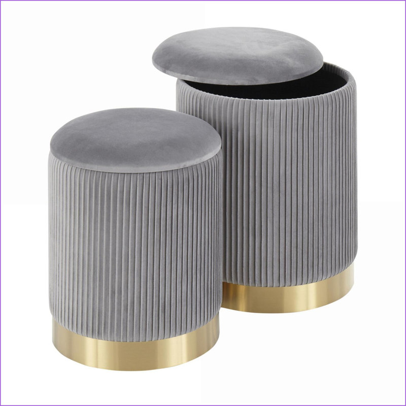 Ottomans Set of 2, Contemporary Light Gray Pleated Velvet Nesting with Gold Metal Base | Gold | Metal, Gray
