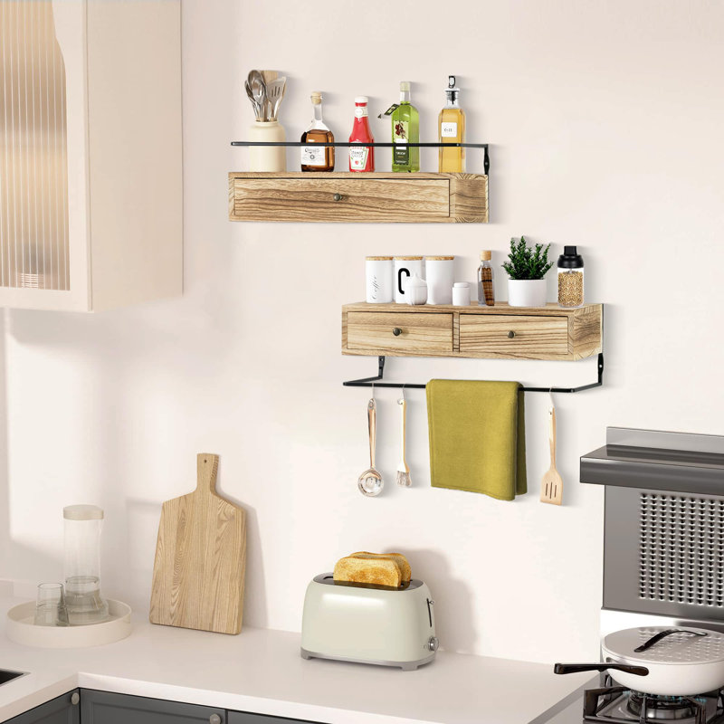 Ensemble de 2 tablettes flottantes avec tiroirs - Rangement mural, brun, Brun