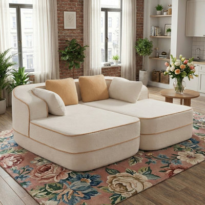 77.2" Teddy Fabric No Assembly 32D High Density sponge Boneless Sofa,Fluffy Comfy Couch with double Chaises,Sleeper sofa,Contrast color design,Symmetrical aesthetics,for Living Room