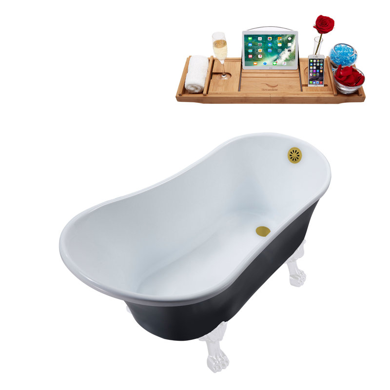 63" Streamline Clawfoot Soaking Acrylic Bathtub With Drain, Clawfeet, and Bamboo Tray, Glossy White, Brushed Gold