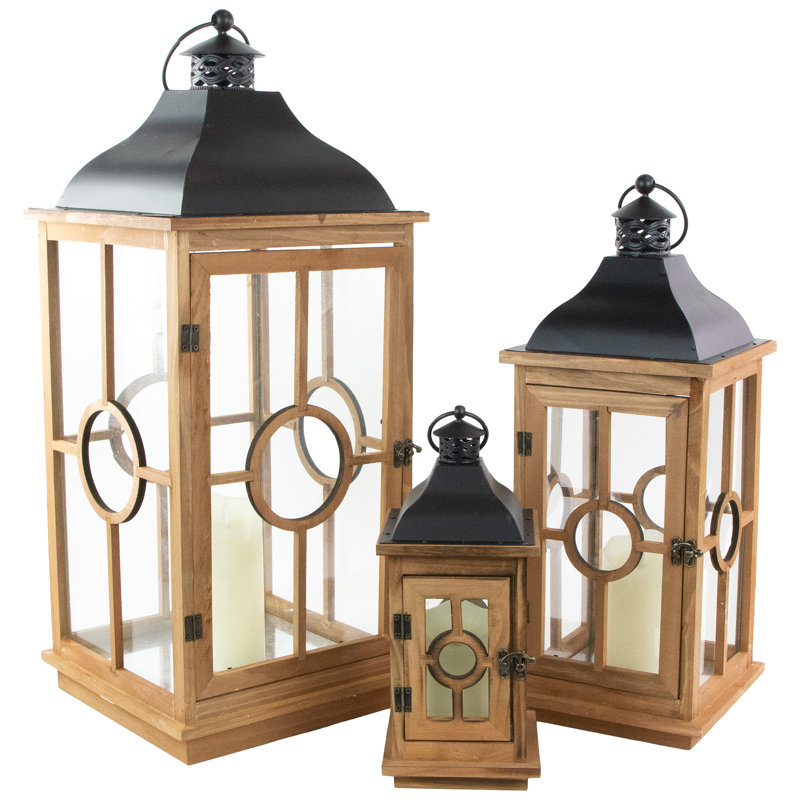 Natural Wood Candle Lanterns with Black Metal Tops