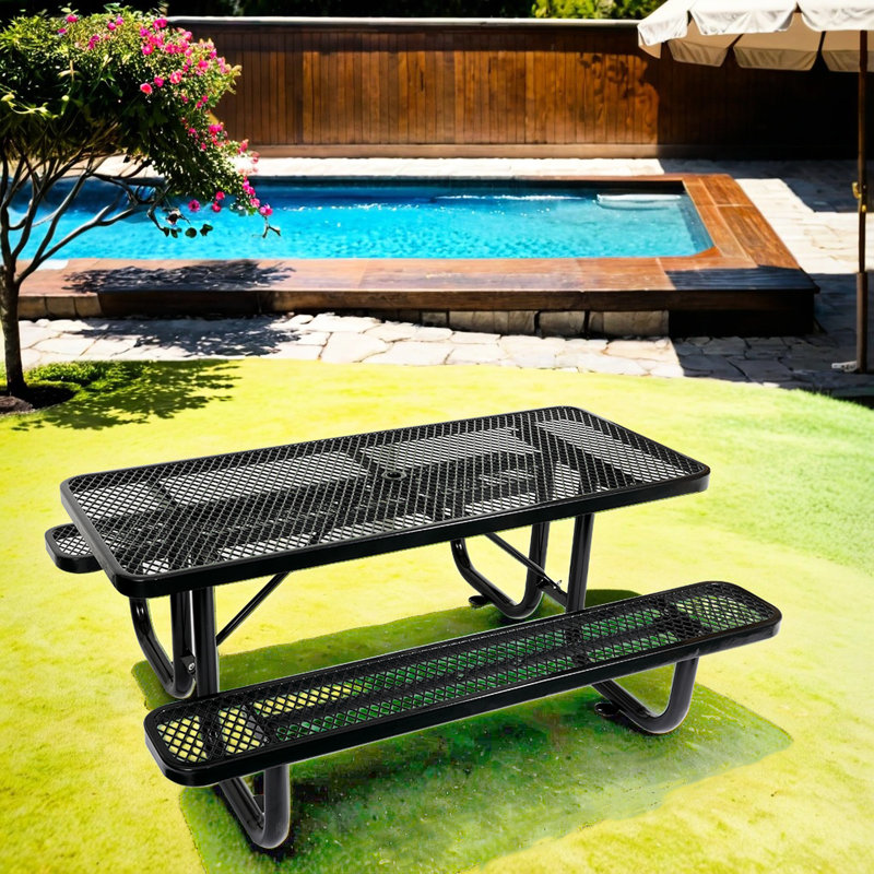 Table de pique-nique noire en acier - 6 pi Rectangulaire, amplement d'espace pour les invités