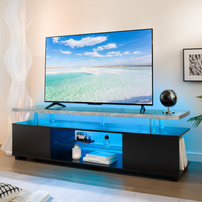 Meuble télé gris, meuble télé à DEL pour le salon, centre de divertissement avec rangement