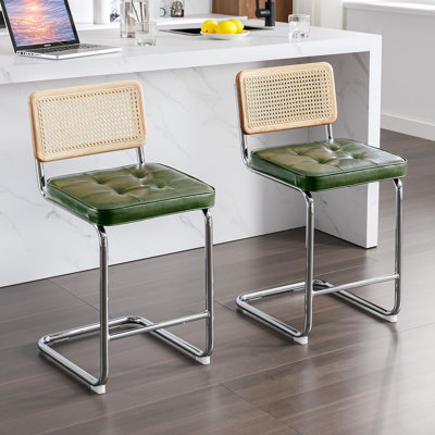 Ambrine Low Back Tufted Leather Upholstered 25.6" Counter Stool with Rattan Back and Chrome Steel Sled Frame
