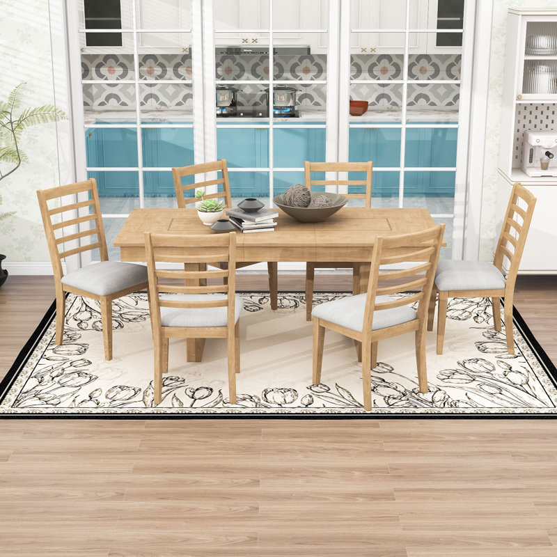 Ensemble de table de salle à manger extensible 7 pièces avec table rectangulaire et 6 chaises rembourrées Farmhouse, Naturel