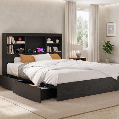 King Size Wood Bed Frame with Tall Bookcase Headboard – 4 Drawers, Charging Station with USB & Outlets, Sturdy Noise-Free Metal Platform, No Box Spring Needed – Black Wood Grain