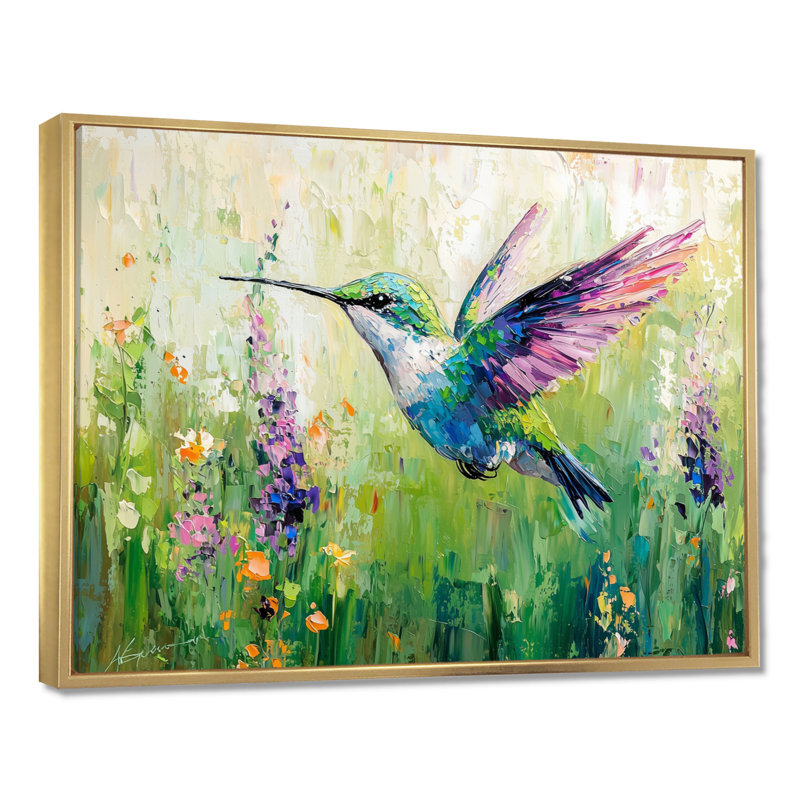 Colibris curieux Meadows I - impression murale de colibri, H 30 po x l 40 po, Doré