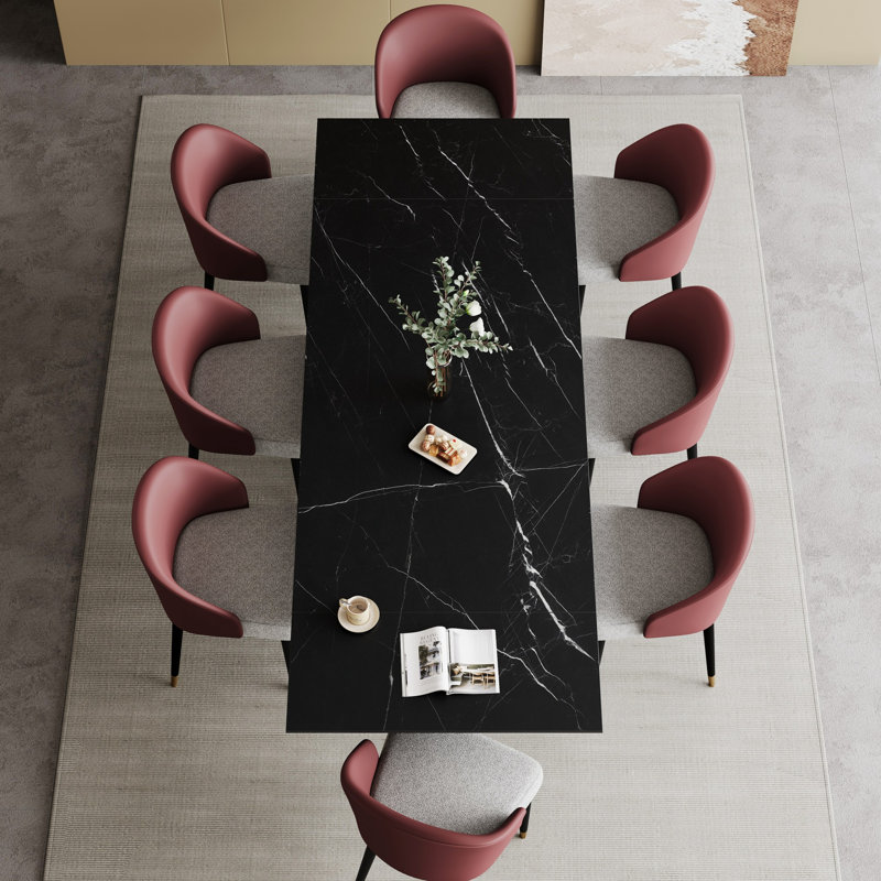 Ensemble de salle à manger extensible en pierre frittée 94,48 po avec 8 chaises en cuir Russile, Noir, Rouge / gris