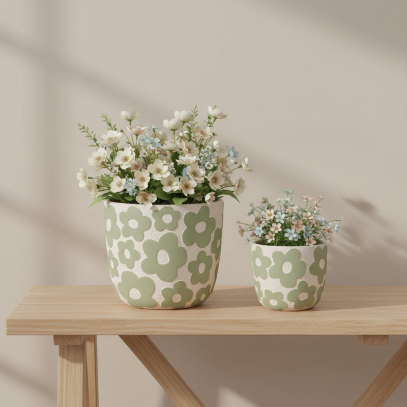 Pottery and Cement Planters with Decorative Design - Durable Indoor/Outdoor Plant Pots - Modern Flower Containers - Set of 2