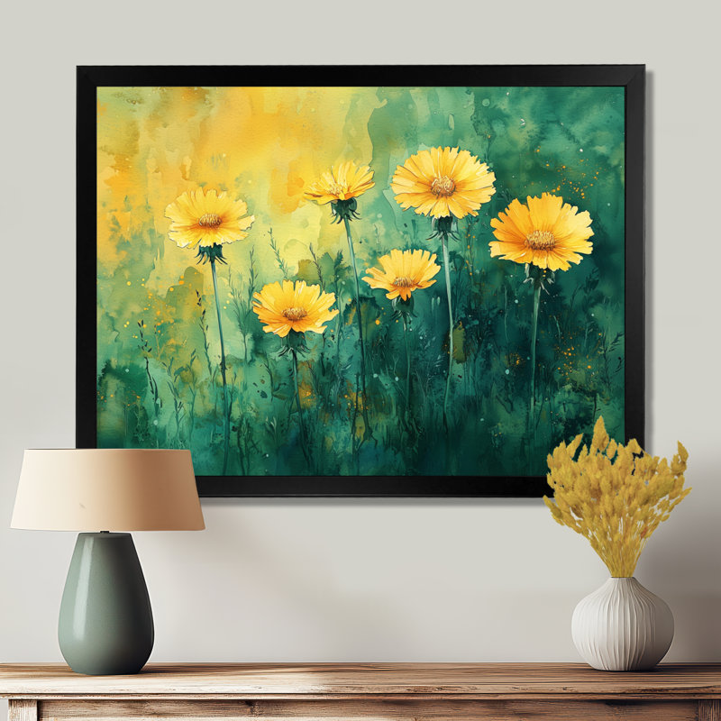 Golden Meadow in Greens and Yellows Realism - Pissenlit, art mural, Noir, H 16 po x l 32 po, Picture Framed