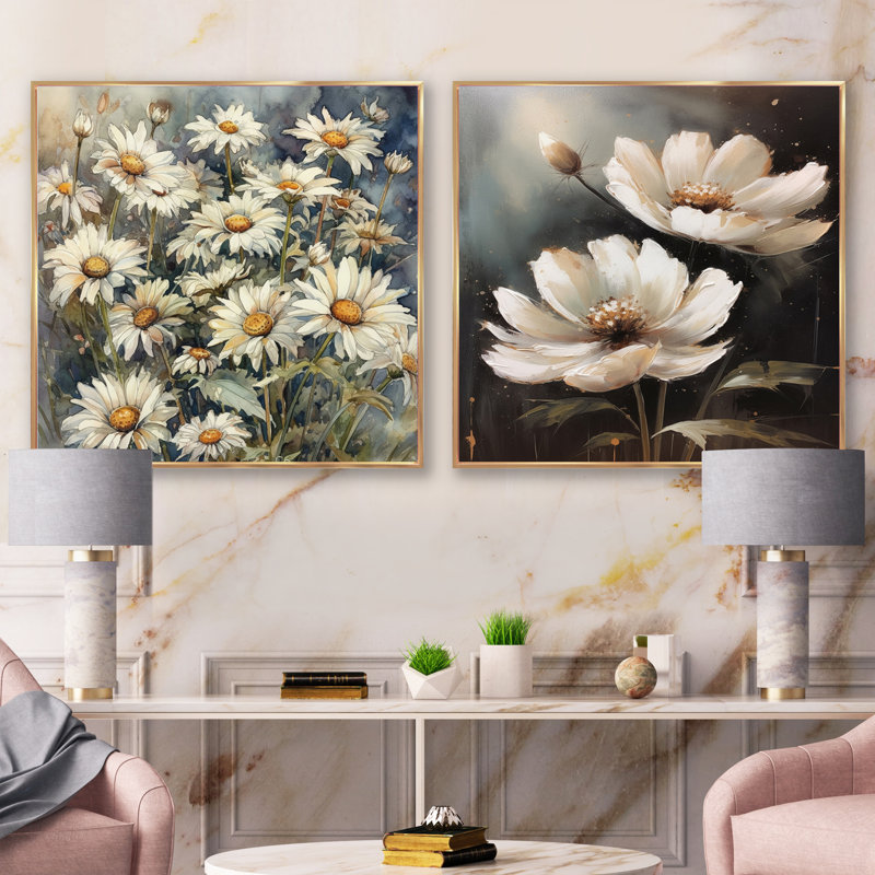 Melody of Daisy - blanc et vert, Cadre flottant doré, H 16 po x l 33 po