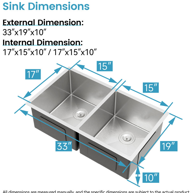 Lavabo encastré en acier inoxydable de 33 po x 19 po, brossé, avec une conception spacieuse pour une utilisation confortable dans la cuisine. Surface brossée, coins insonorisants et arrondis.