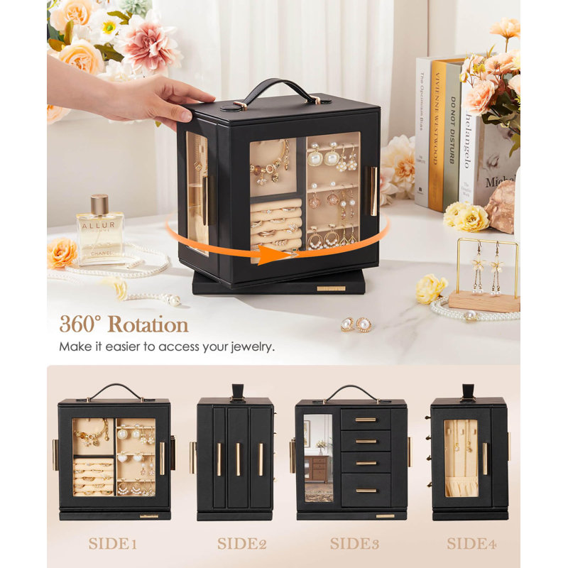 360° Rotating Jewellery Box with Transparent Window and Mirror