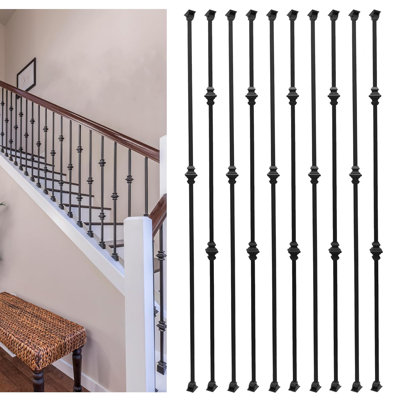 Paquet de 10 balustres carrés en fer forgé creux de 1/2 po - jointures doubles et simples avec 20 chaussures pivotantes (rampe intérieure et extérieure)
