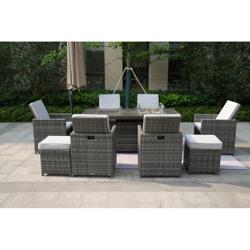 Karen Rectangular 8 - Person 71" Long Fire Pit Table Dining Set With Cushions