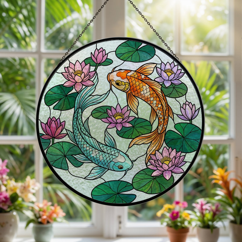 Koi Fish Stained Glass Window Panel，12"H, 12"H