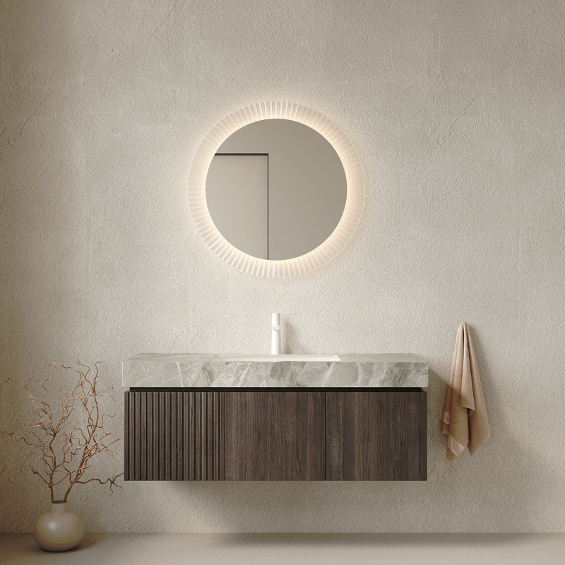 Meuble-lavabo 48 po avec lavabo en contreplaqué flottant avec tiroir et portes, comptoir en pierre frittée et lavabo en céramique avec 1 trou de robinet pré-percé, pré-assemblé