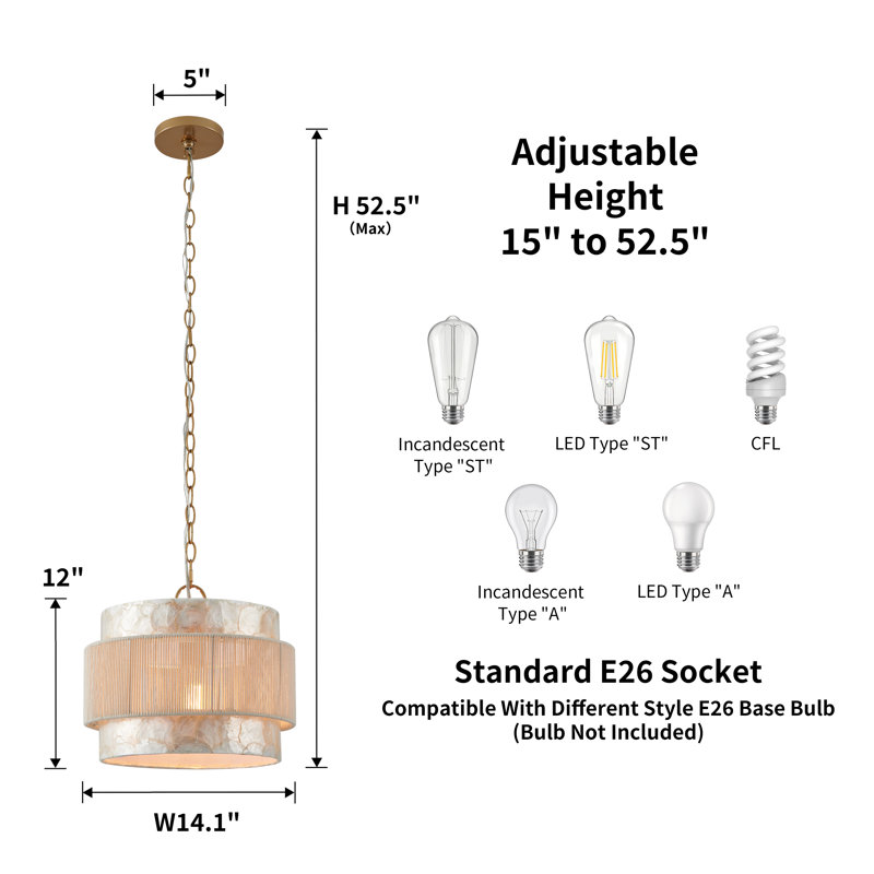 Costal Adjustable Seashell Pendant Light With Cotton Rope Shade, 52.5" H x 14.25" W x 14.25" D