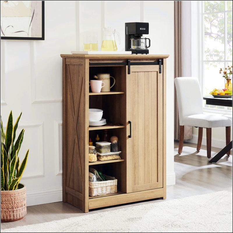 Commode 5 tiroirs avec porte de grange coulissante, Chêne