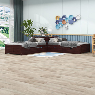 Twin Size 2 Drawers Wooden L-shaped Platform Beds with Trundle and Built-in Table