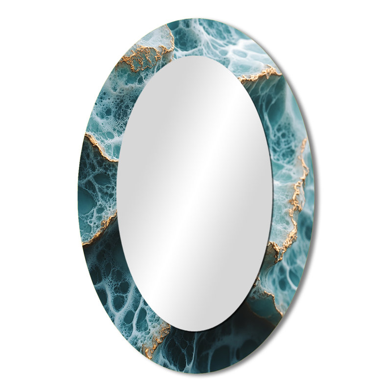 Green and Gold Coastal Oceans Pulse - Grand miroir mural ovale sur métal, 36 po x 24 po