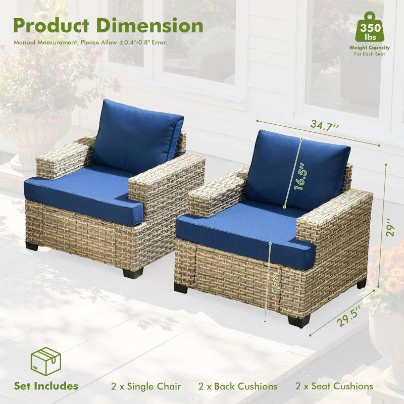 All-Weather Wicker Outdoor Lounge Chair With Cushions (Set Of 2), Navy