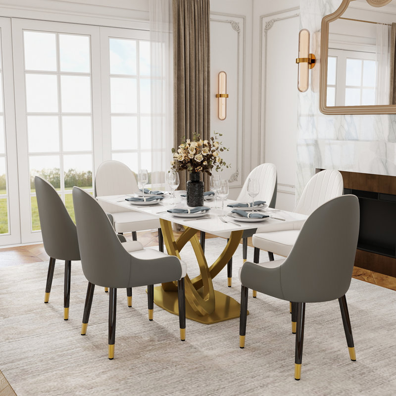 Ensemble de table de salle à manger moderne 7 pièces Zagan, Blanc / Gris / Noir, Blanc, H 29,53 po x L 63 po x P 35,43 po