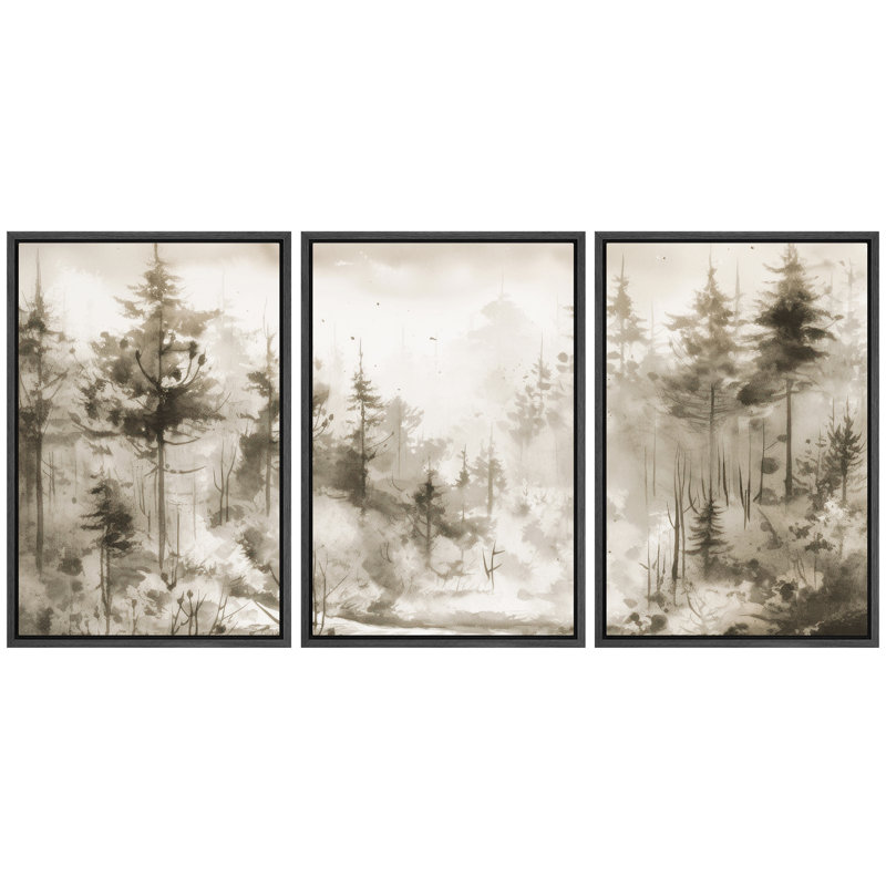 «Misty Forest Landscape in Soft Neutral Tones», reproduction d'art sur toile encadrée, H 36 po x l 72 po, Structure noire