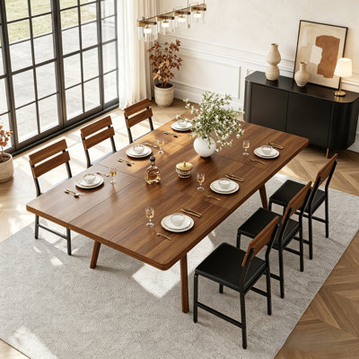 7-Piece Two-Way Extendable Dining Table Set with 6 Upholstered Chairs for 4-10,  3-Stage Transformer Kitchen Table Set, Walnut