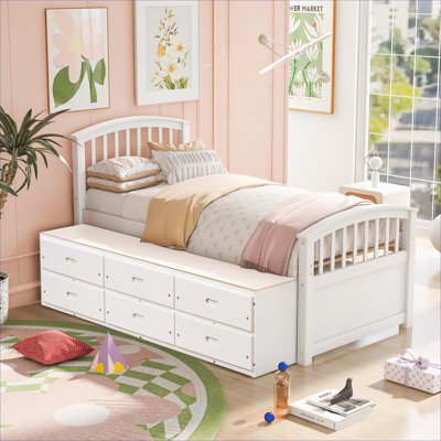 Clean White Solid Wood Platform Bed, Twin Size Small Bedroom Storage Bed With 6 Built-In Drawers