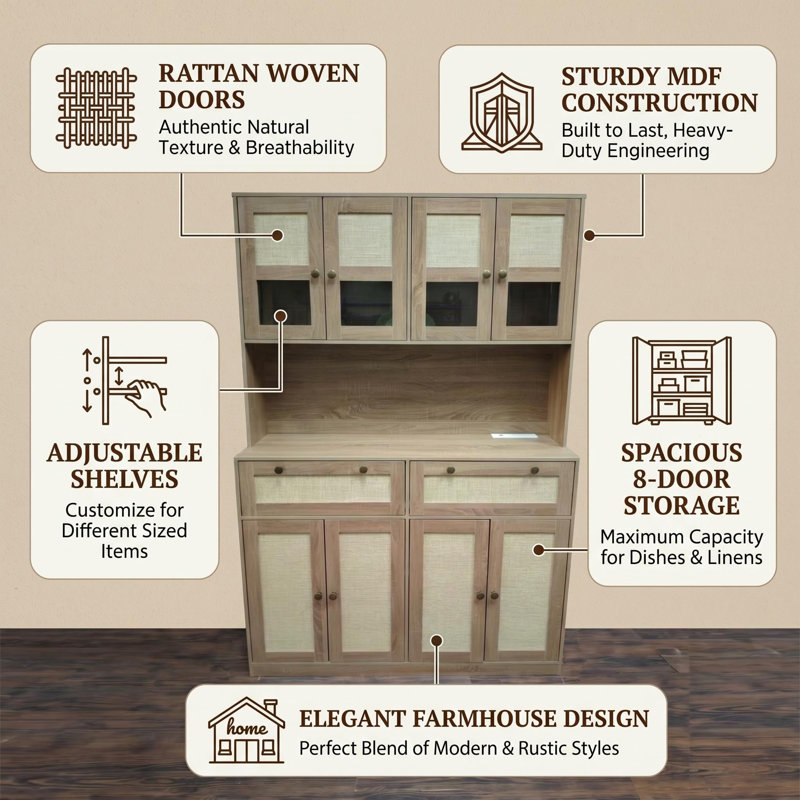 Spacieux garde-manger avec station de charge - grand rangement pour huche de cuisine, tiroirs, prise de courant, comptoir - grand design pour la cuisine - couleur bois naturel
