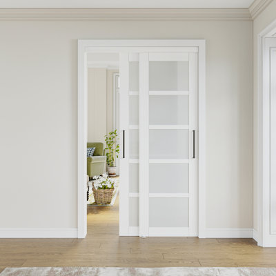 80 Inch Frosted Glass Sliding Closet Door Ready For Use, Pre-assembled Also For Pantry Room With King Size Handle