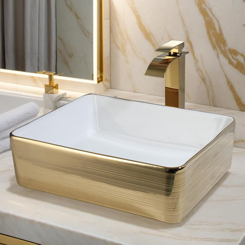 Lavabo vasque en céramique blanc et or avec robinet cascade et drain combiné, lavabo de salle de bain rectangulaire au-dessus du comptoir