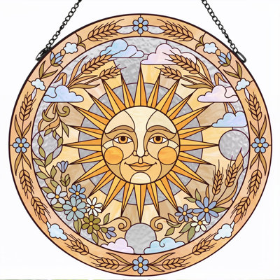 Sun Face Stained Glass Window Panel，12"H