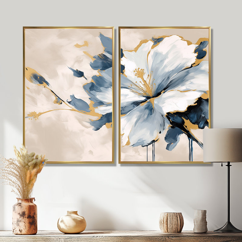 Hibiscus bleu blanc et fleurs tropicales Harmony II - impressions sur toile bleues à 2 panneaux, H 36 po x l 48 po, Doré