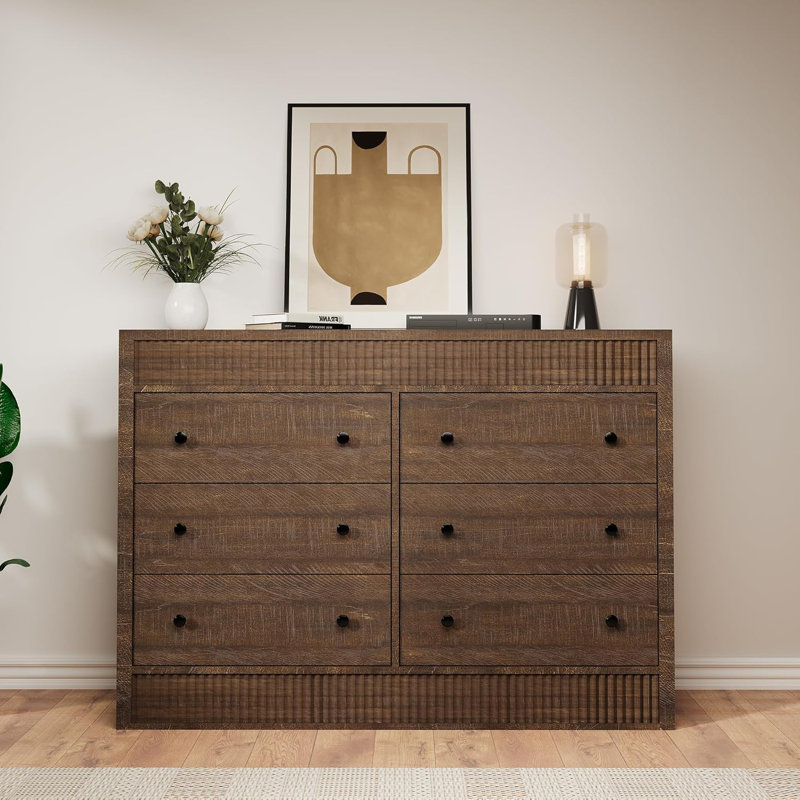 6-Drawer Dresser, Fluted Wooden Chest with 47" Wide Top, Walnut Finish, Modern Storage Unit for Bedroom, Living Room, or Entryway