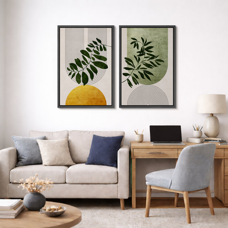 Boho de style Mid-Century moderne, "Bold Bright Yellow & Green Leaves, H 36 po x l 48 po, Cadre flottant noir
