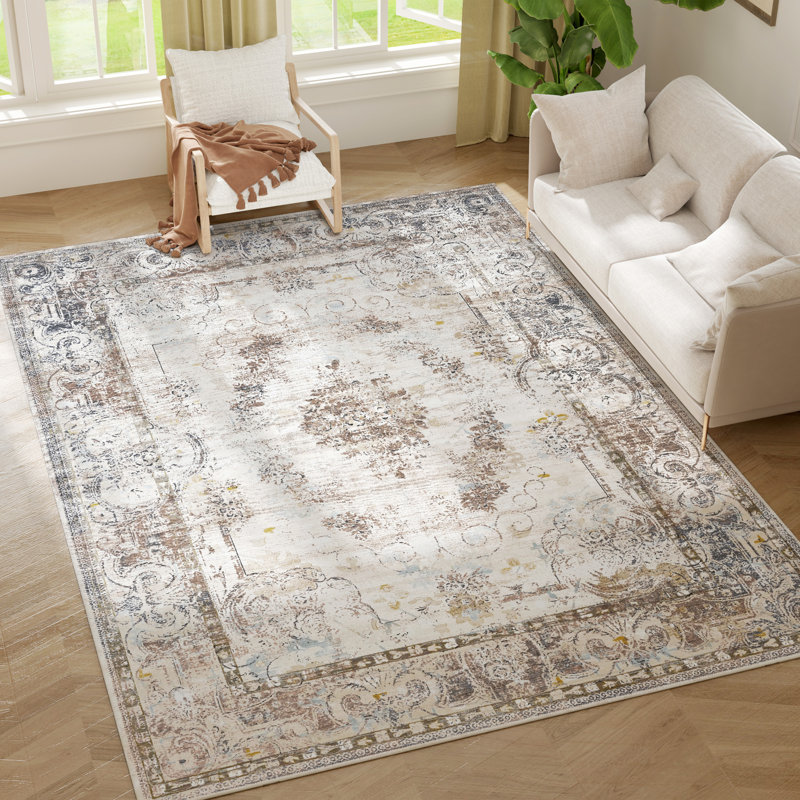 Collection Area Rug, Indoor Boho Machine Washable Area Rug For Living Room, Bedroom, Dining Room, Kitchen, Home Office, Carpet For High Traffic Areas, Brown Floral