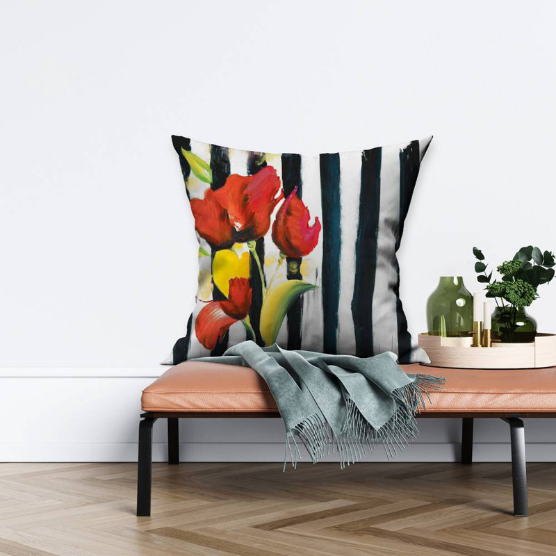 Red flowers on stripes - 26"x26" Throw pillow - Poly twill - Print on demand, Red/Green/Black, 26" H x 26" W