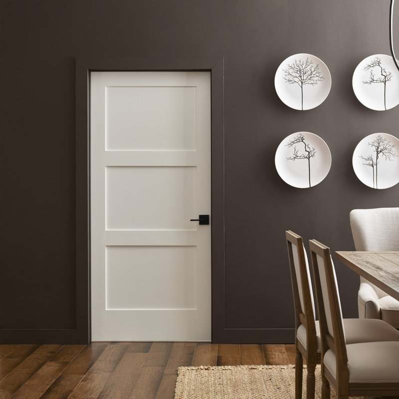 Primed MDF 3-Panel Right-Handed Interior Door with Satin Nickel Hinges