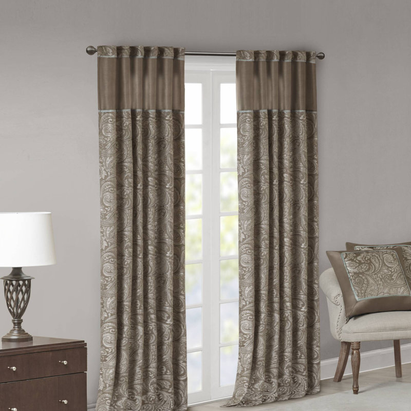 Paire de rideaux en jacquard brun / bleu Aubrey, l 50 po x L 108 po, Bleu/brun